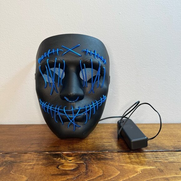 Light Up Blue Wire Horror Movie Halloween Mask Stitched Mouth and Eyes - Picture 1 of 11